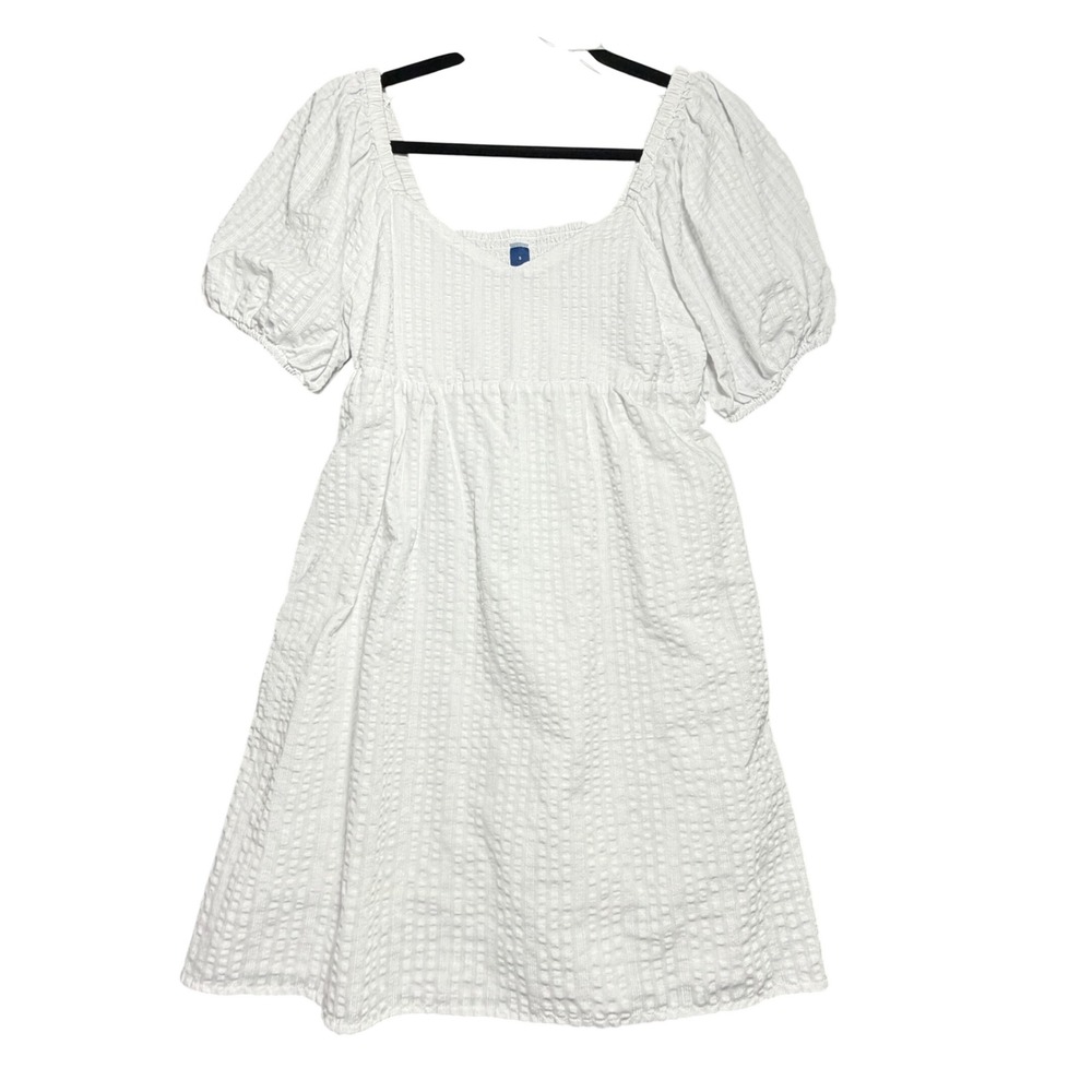 Old Navy White Seersucker‎ Puff Sleeve Smocked Mini Babydoll Dress Small Cottage